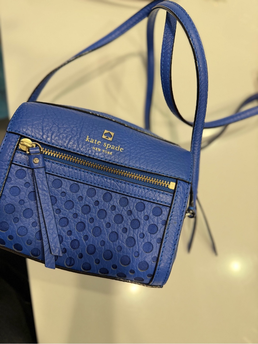 kate spade cobalt blue crossbody with polka-dot front